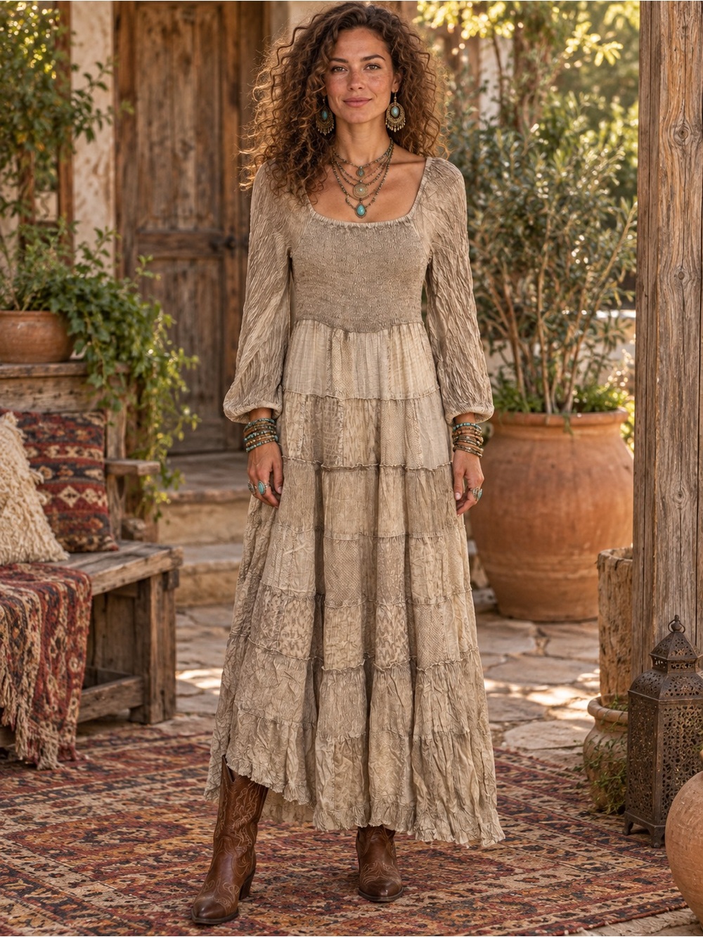 H052 NWT Young Threads M 12-19 Beige Tiered Long-Sleeve Maxi Dress - Elegant